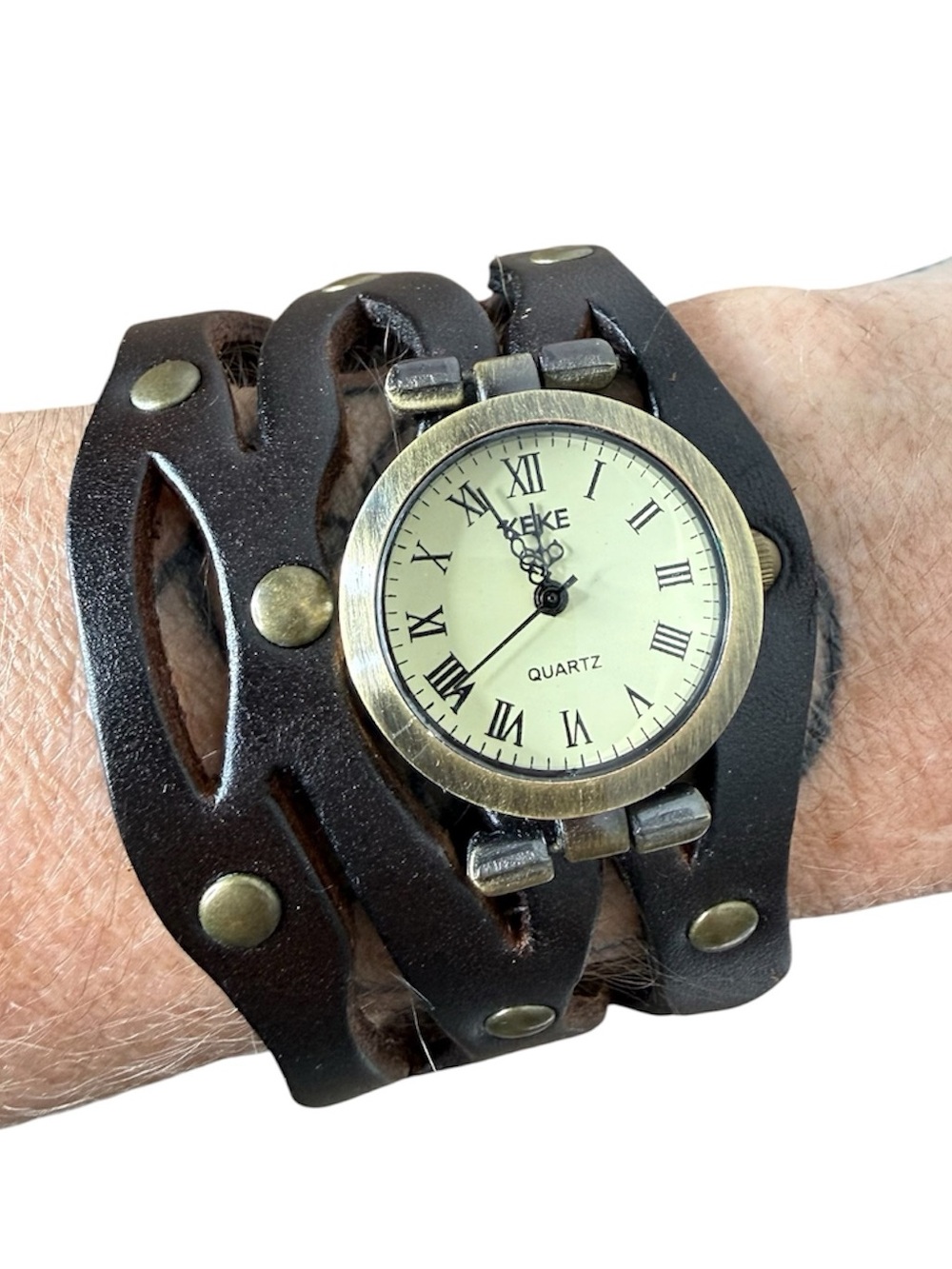 KEKE Brown Leather Braided Cuff Watch Brass Studs Retro Boho